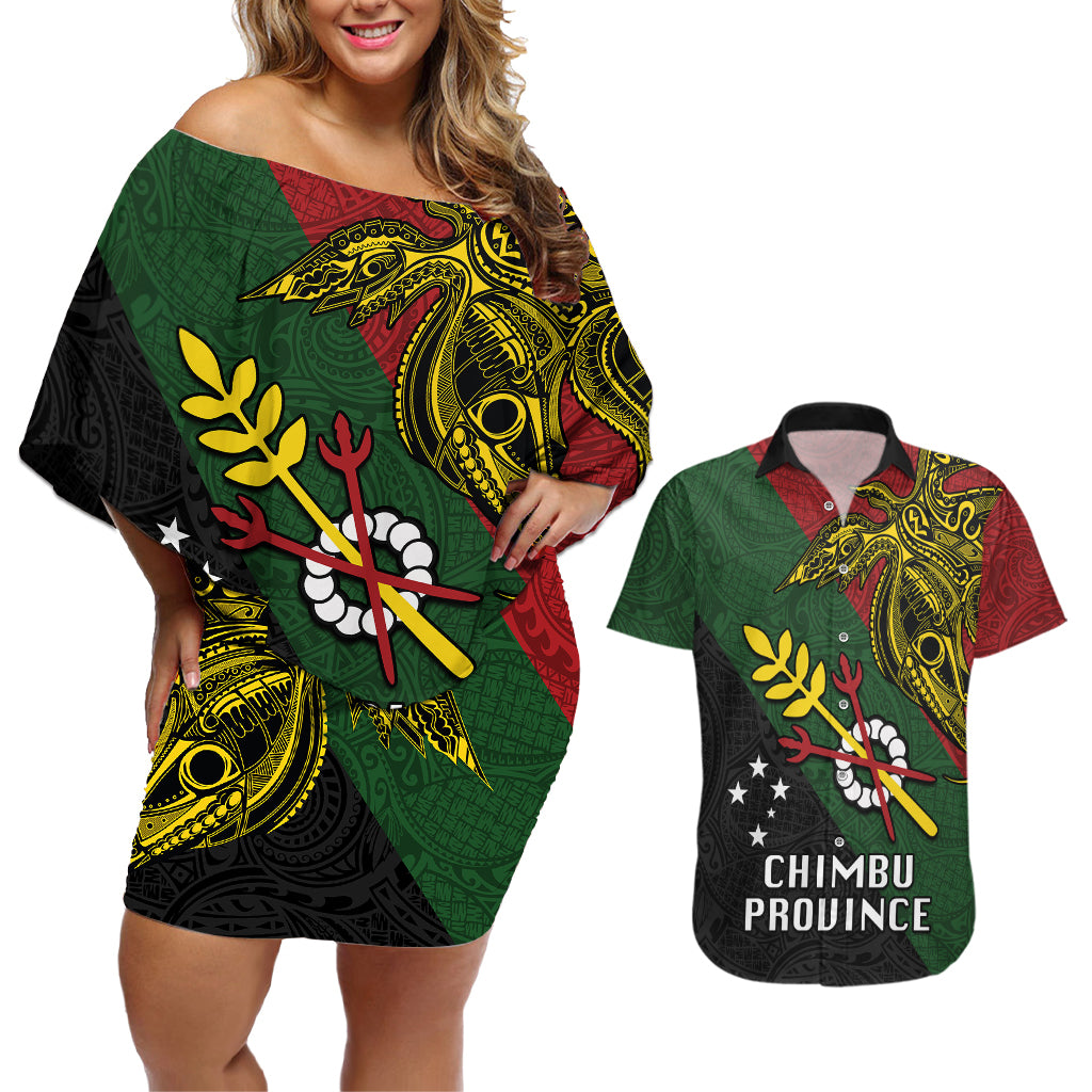 Custom Papua New Guinea Chimbu Province Couples Matching Off Shoulder Short Dress and Hawaiian Shirt PNG Birds Of Paradise Polynesian Arty Style LT03 Green - Polynesian Pride