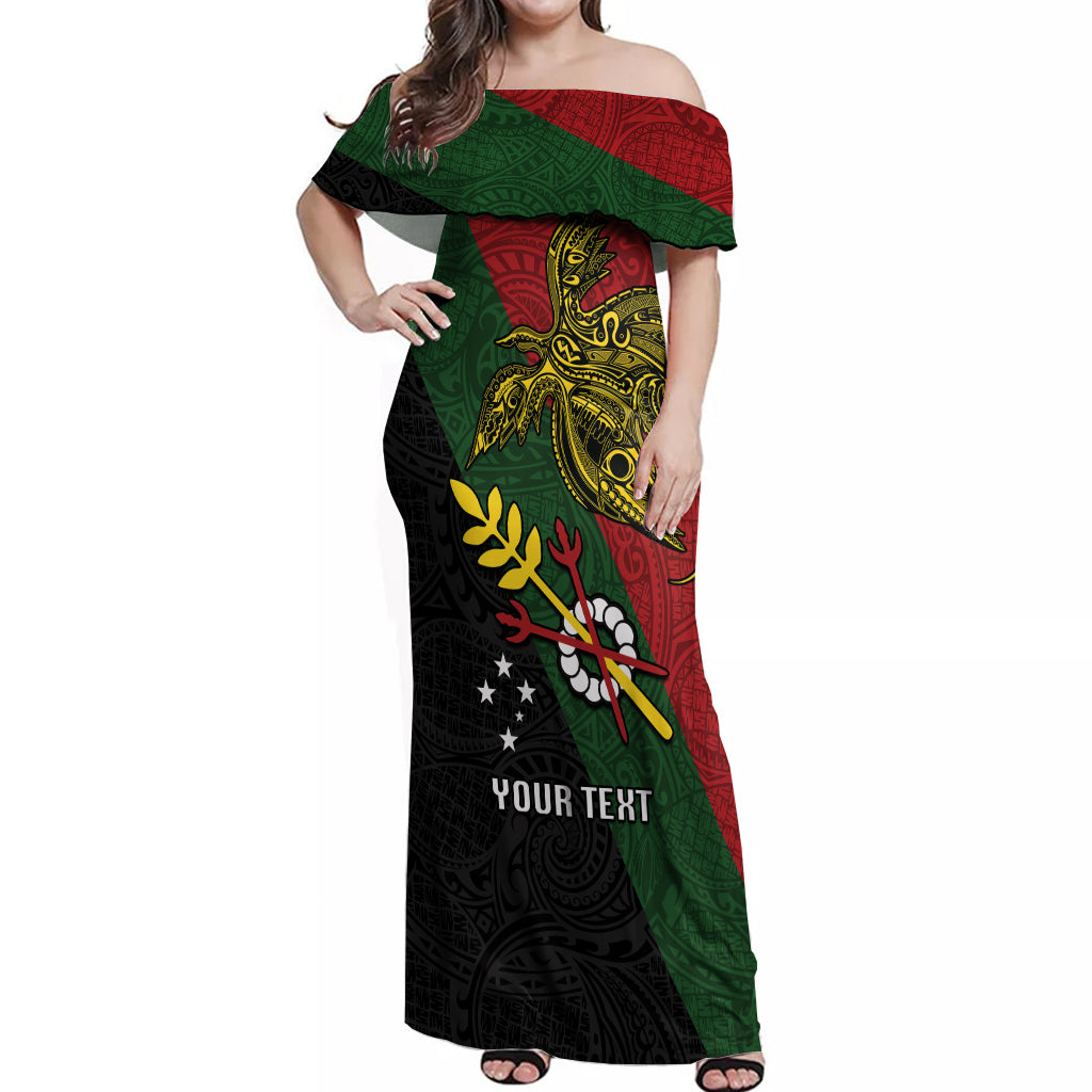 Custom Papua New Guinea Chimbu Province Off Shoulder Maxi Dress PNG Birds Of Paradise Polynesian Arty Style LT03 Women Green - Polynesian Pride