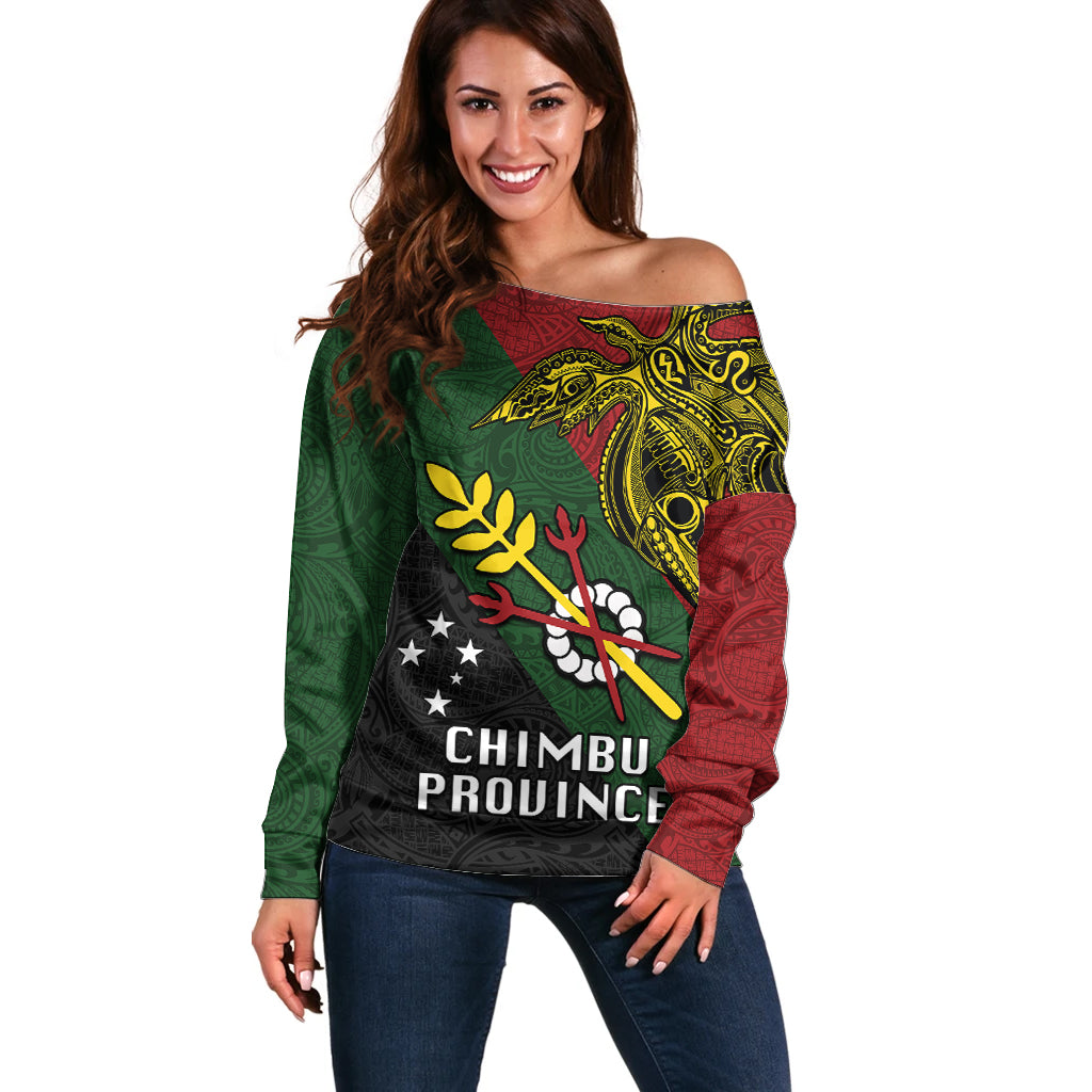 Custom Papua New Guinea Chimbu Province Off Shoulder Sweater PNG Birds Of Paradise Polynesian Arty Style LT03 Women Green - Polynesian Pride