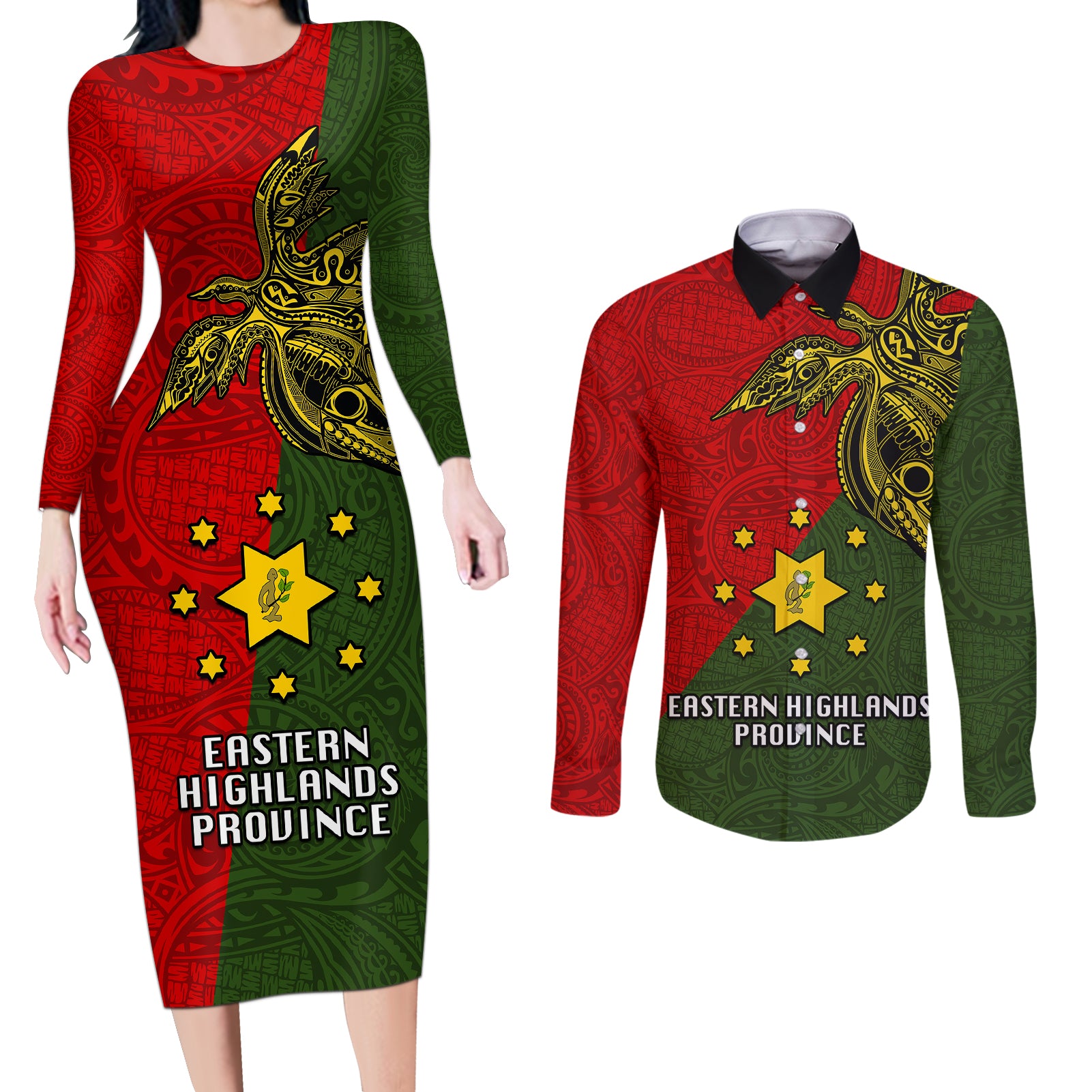 Papua New Guinea Eastern Highlands Province Couples Matching Long Sleeve Bodycon Dress and Long Sleeve Button Shirts PNG Birds Of Paradise Polynesian Arty Style LT03 Green - Polynesian Pride