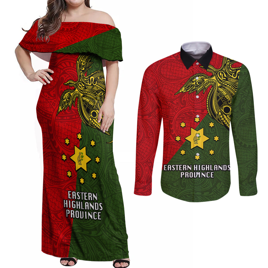 Papua New Guinea Eastern Highlands Province Couples Matching Off Shoulder Maxi Dress and Long Sleeve Button Shirts PNG Birds Of Paradise Polynesian Arty Style LT03 Green - Polynesian Pride