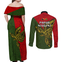 Papua New Guinea Eastern Highlands Province Couples Matching Off Shoulder Maxi Dress and Long Sleeve Button Shirts PNG Birds Of Paradise Polynesian Arty Style LT03 - Polynesian Pride