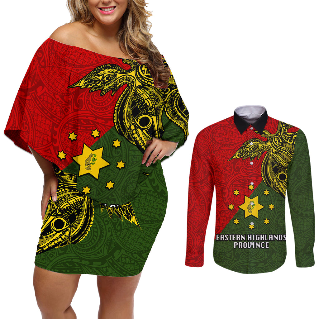 Papua New Guinea Eastern Highlands Province Couples Matching Off Shoulder Short Dress and Long Sleeve Button Shirts PNG Birds Of Paradise Polynesian Arty Style LT03 Green - Polynesian Pride