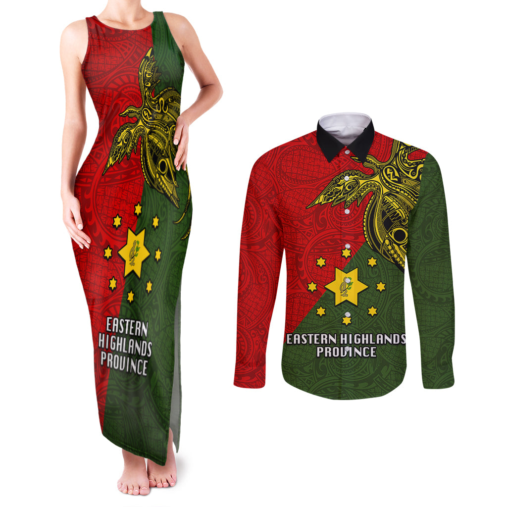 Papua New Guinea Eastern Highlands Province Couples Matching Tank Maxi Dress and Long Sleeve Button Shirts PNG Birds Of Paradise Polynesian Arty Style LT03 Green - Polynesian Pride