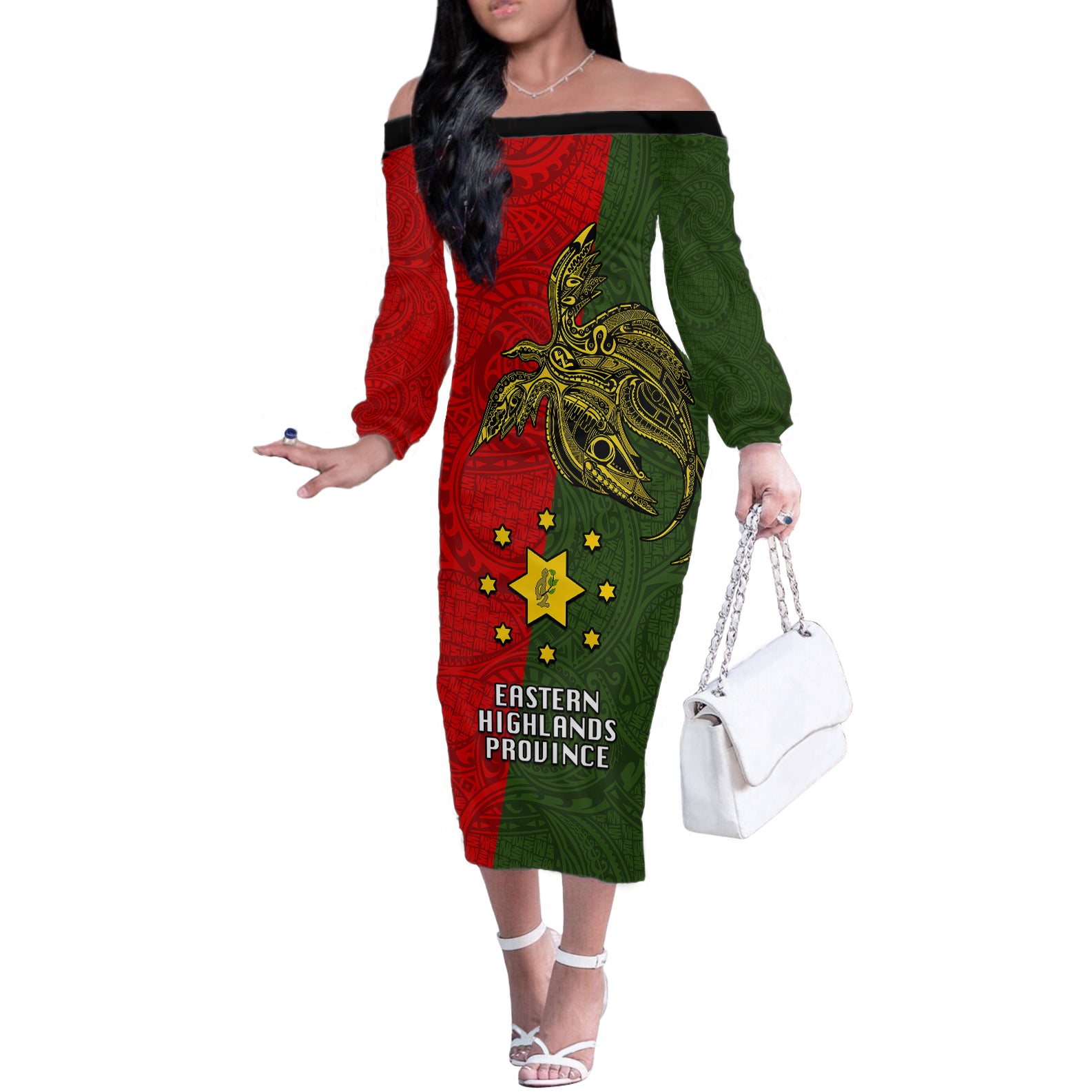 Papua New Guinea Eastern Highlands Province Off The Shoulder Long Sleeve Dress PNG Birds Of Paradise Polynesian Arty Style LT03 Women Green - Polynesian Pride