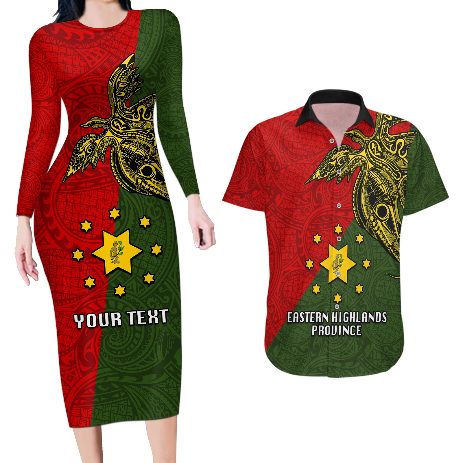 Custom Papua New Guinea Eastern Highlands Province Couples Matching Long Sleeve Bodycon Dress and Hawaiian Shirt PNG Birds Of Paradise Polynesian Arty Style LT03 Green - Polynesian Pride