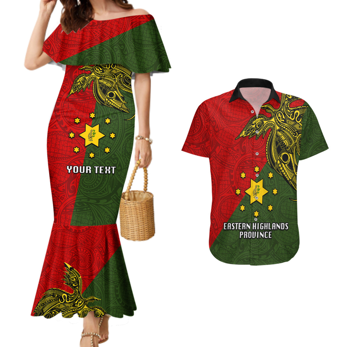 Custom Papua New Guinea Eastern Highlands Province Couples Matching Mermaid Dress and Hawaiian Shirt PNG Birds Of Paradise Polynesian Arty Style LT03 Green - Polynesian Pride