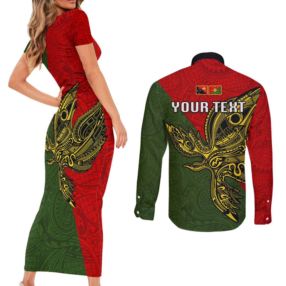 Custom Papua New Guinea Eastern Highlands Province Couples Matching Short Sleeve Bodycon Dress and Long Sleeve Button Shirts PNG Birds Of Paradise Polynesian Arty Style LT03 - Polynesian Pride