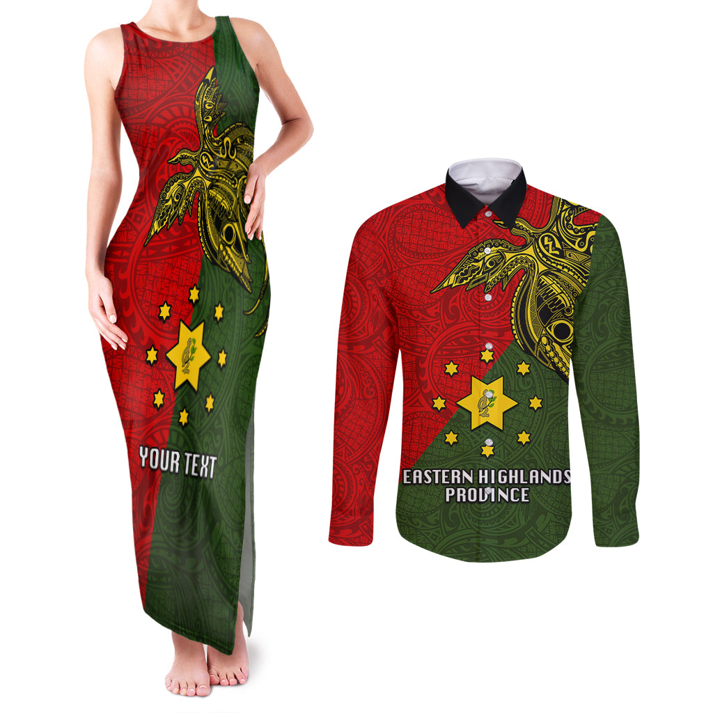 Custom Papua New Guinea Eastern Highlands Province Couples Matching Tank Maxi Dress and Long Sleeve Button Shirts PNG Birds Of Paradise Polynesian Arty Style LT03 Green - Polynesian Pride