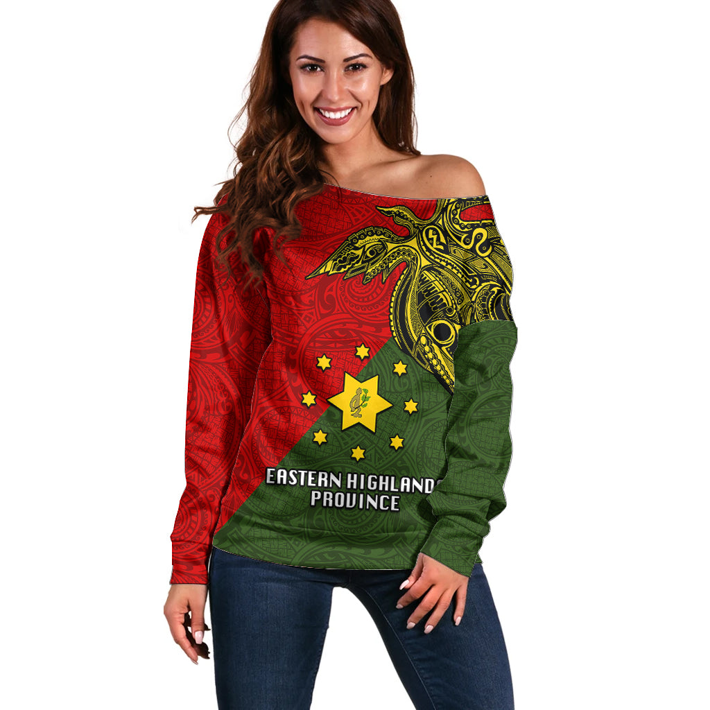 Custom Papua New Guinea Eastern Highlands Province Off Shoulder Sweater PNG Birds Of Paradise Polynesian Arty Style LT03 Women Green - Polynesian Pride