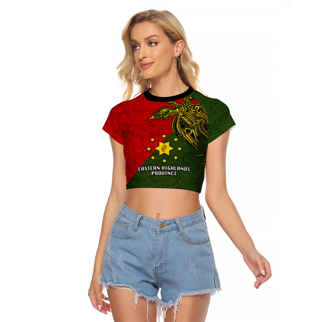 Custom Papua New Guinea Eastern Highlands Province Raglan Cropped T Shirt PNG Birds Of Paradise Polynesian Arty Style LT03 Female Green - Polynesian Pride