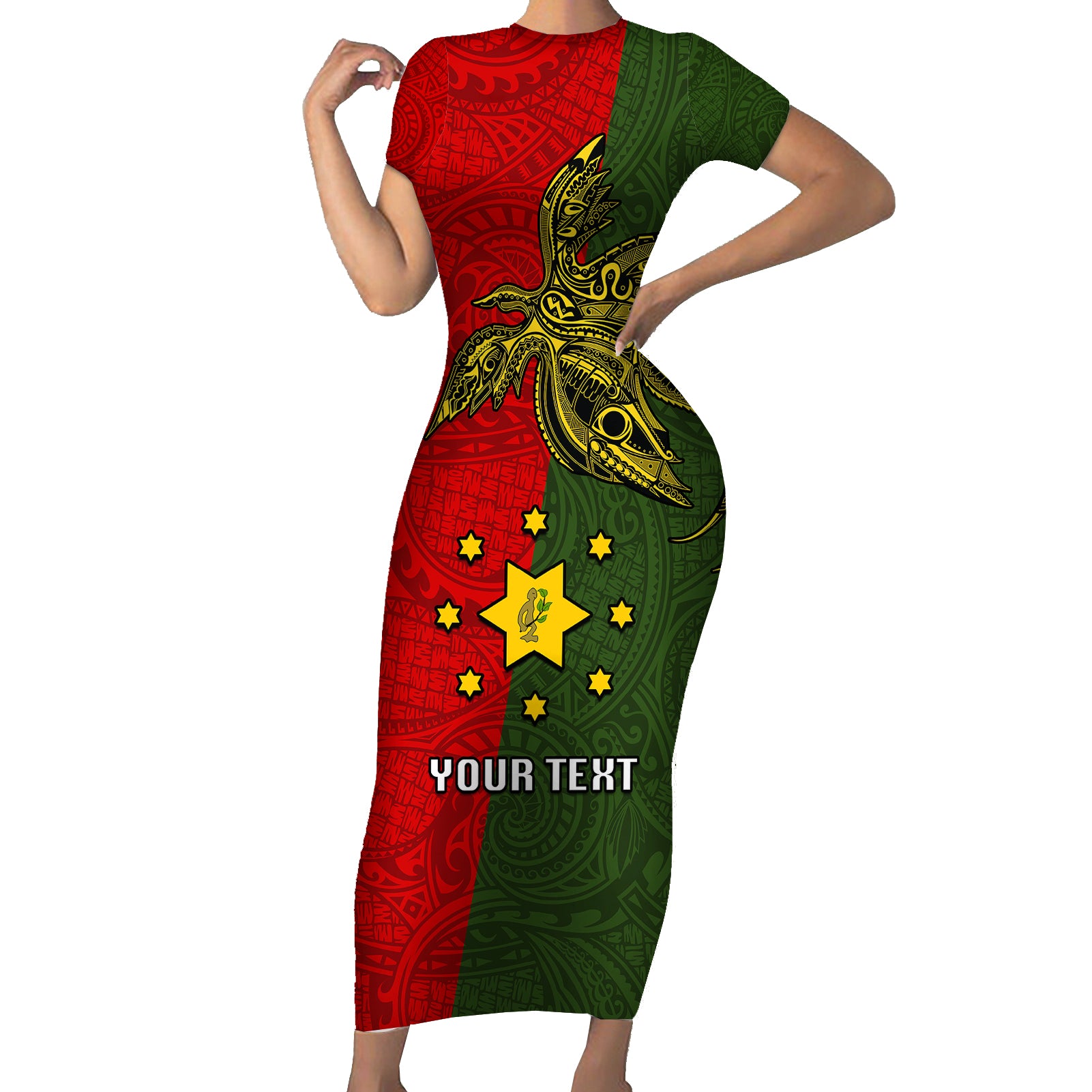 Custom Papua New Guinea Eastern Highlands Province Short Sleeve Bodycon Dress PNG Birds Of Paradise Polynesian Arty Style LT03 Long Dress Green - Polynesian Pride