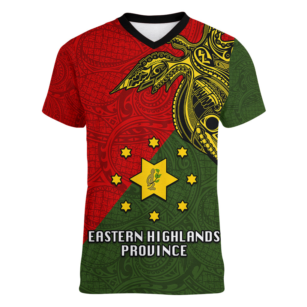 Custom Papua New Guinea Eastern Highlands Province Women V Neck T Shirt PNG Birds Of Paradise Polynesian Arty Style LT03 Female Green - Polynesian Pride