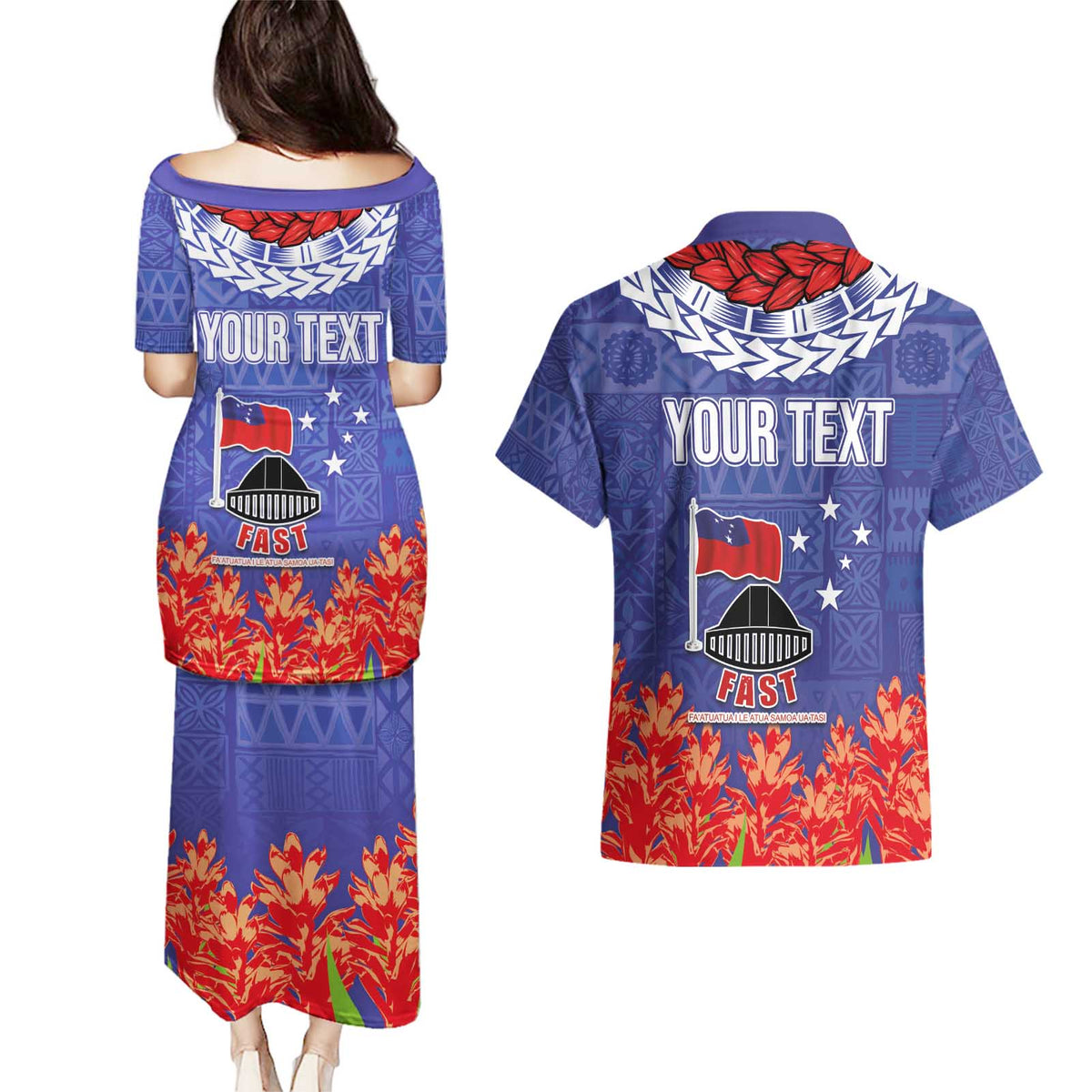 FAST Party Samoa Couples Matching Puletasi and Hawaiian Shirt Ula Fala Teuila Polynesian Tapa Pattern