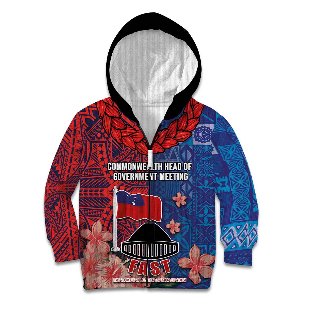 CHOGM FAST Samoa 2024 Kid Hoodie Samoan Tapa Tribal and Ornament Pattern with Hibiscus