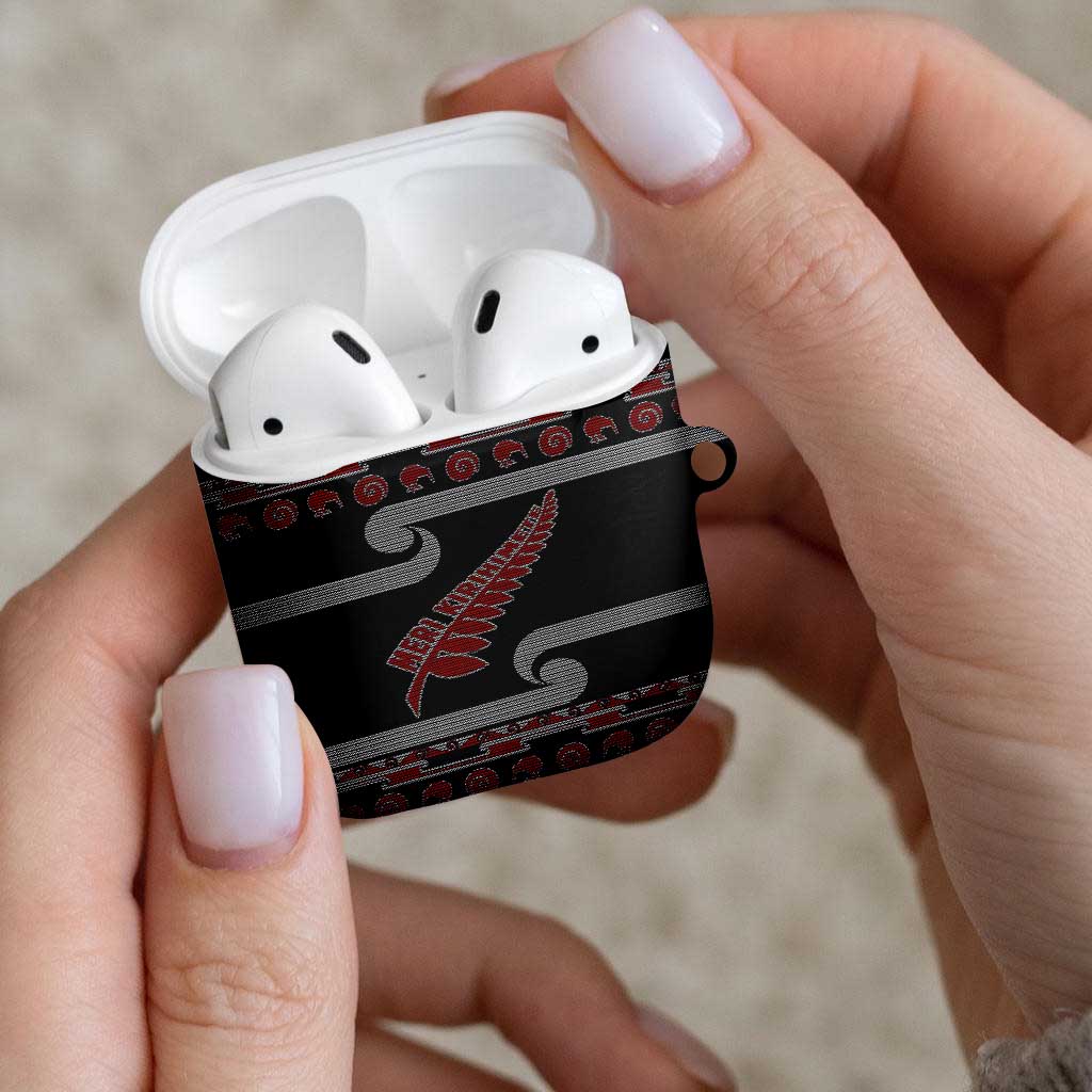 New Zealand Christmas AirPods Case Meri Kirihimete Silver Fern Knit Style Red Color - Polynesian Pride