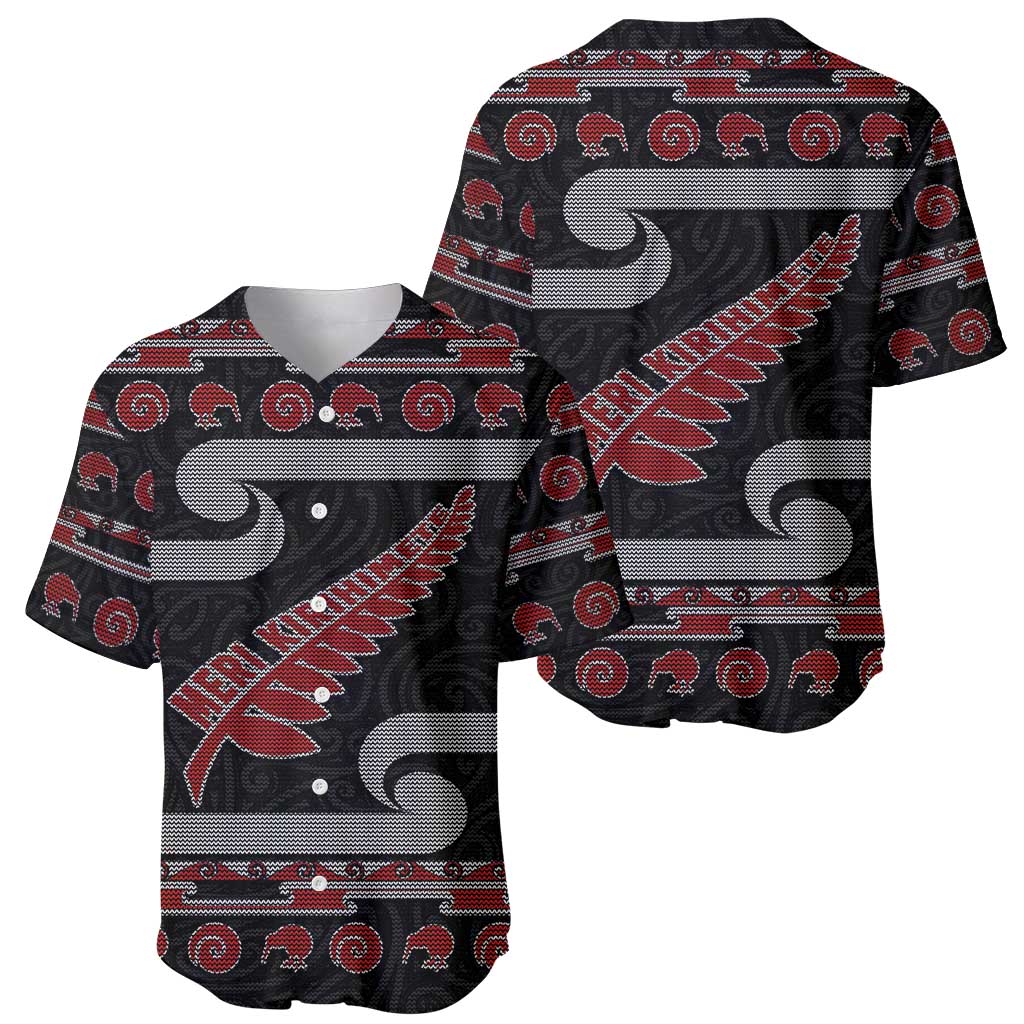 New Zealand Christmas Baseball Jersey Meri Kirihimete Silver Fern Knit Style Red Color - Polynesian Pride