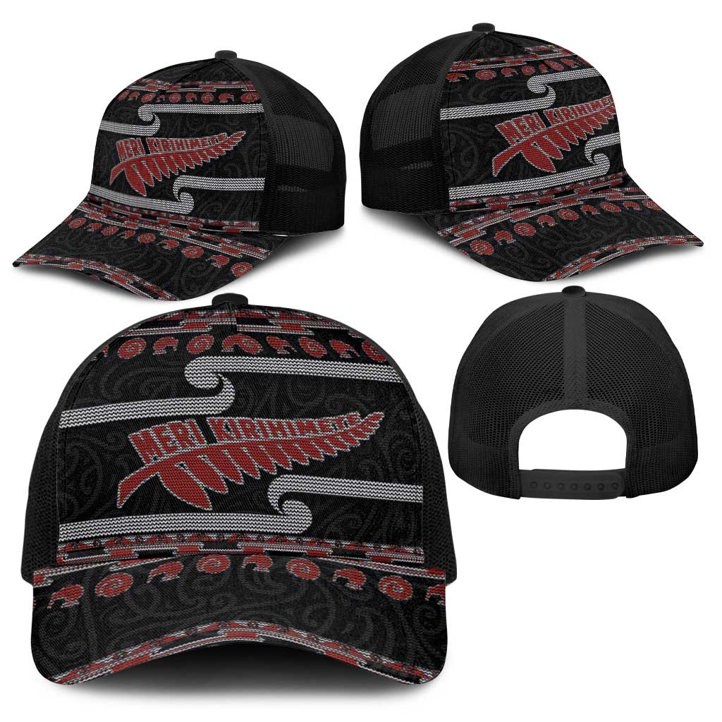 New Zealand Christmas Baseball Net Cap Meri Kirihimete Silver Fern Knit Style Red Color - Polynesian Pride