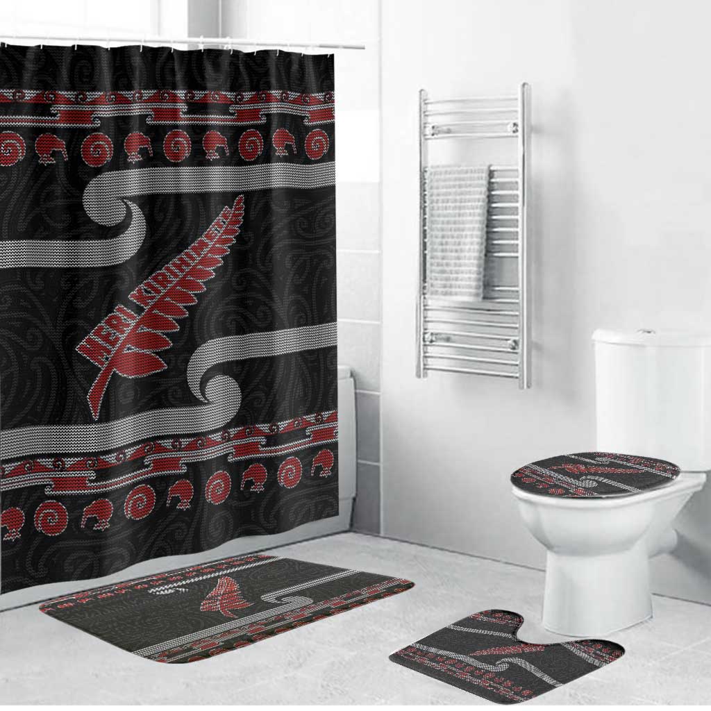 New Zealand Christmas Bathroom Set Meri Kirihimete Silver Fern Knit Style Red Color - Polynesian Pride
