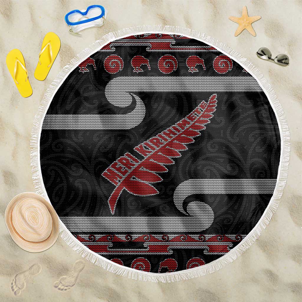 New Zealand Christmas Beach Blanket Meri Kirihimete Silver Fern Knit Style Red Color - Polynesian Pride