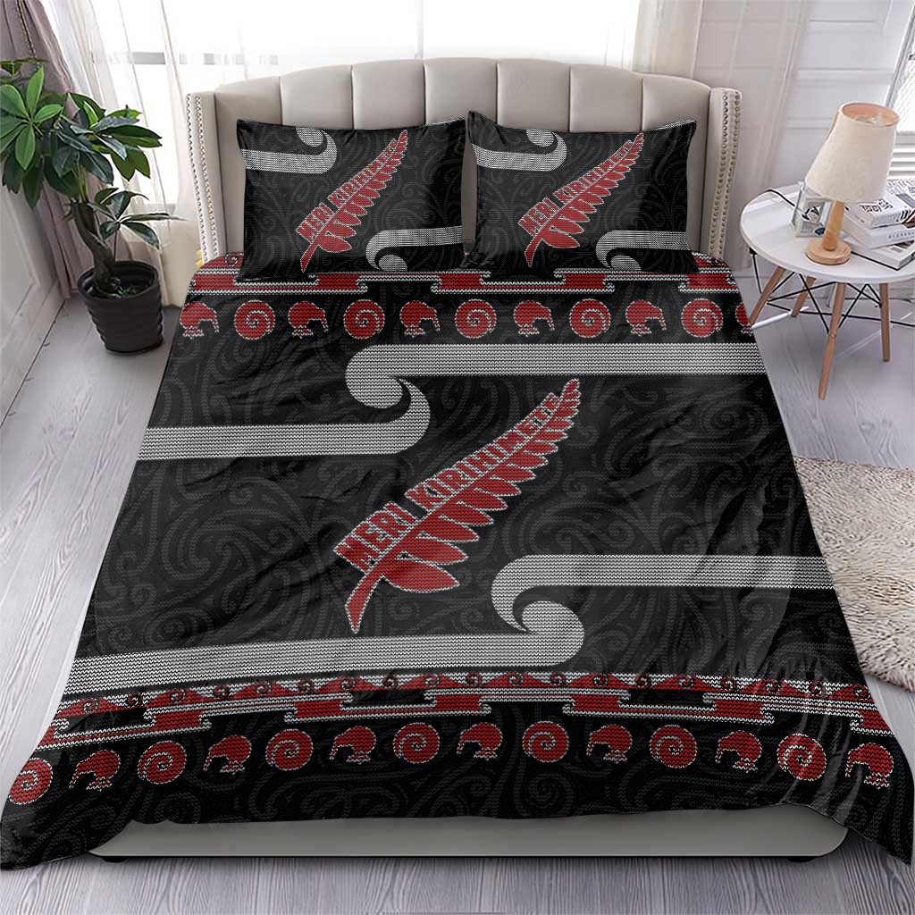 New Zealand Christmas Bedding Set Meri Kirihimete Silver Fern Knit Style Red Color - Polynesian Pride
