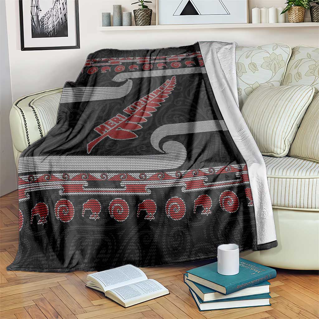 New Zealand Christmas Blanket Meri Kirihimete Silver Fern Knit Style Red Color - Polynesian Pride