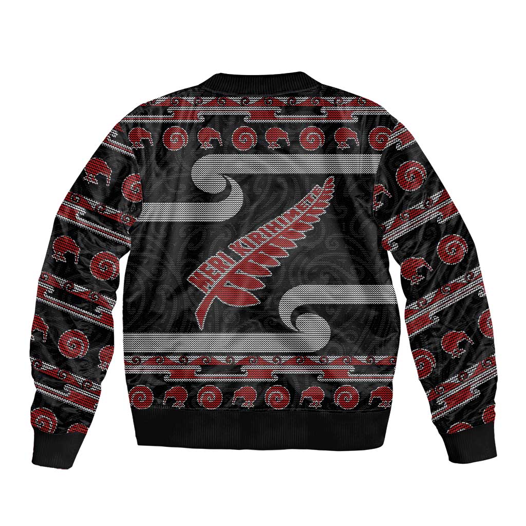 New Zealand Christmas Bomber Jacket Meri Kirihimete Silver Fern Knit Style Red Color LT03 - Polynesian Pride