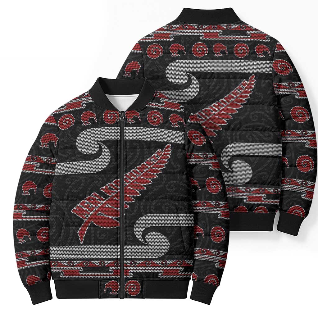 New Zealand Christmas Bomber Puffer Jacket Meri Kirihimete Silver Fern Knit Style Red Color - Polynesian Pride