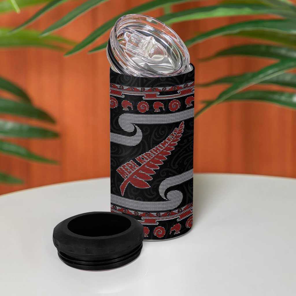 New Zealand Christmas 4 in 1 Can Cooler Tumbler Meri Kirihimete Silver Fern Knit Style Red Color - Polynesian Pride