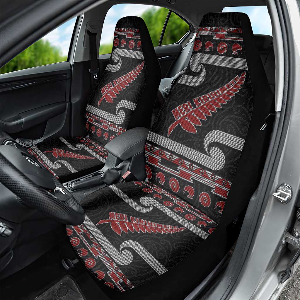 New Zealand Christmas Car Seat Cover Meri Kirihimete Silver Fern Knit Style Red Color - Polynesian Pride