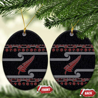 New Zealand Christmas Ceramic Ornament Meri Kirihimete Silver Fern Knit Style Red Color LT03 Oval Red - Polynesian Pride