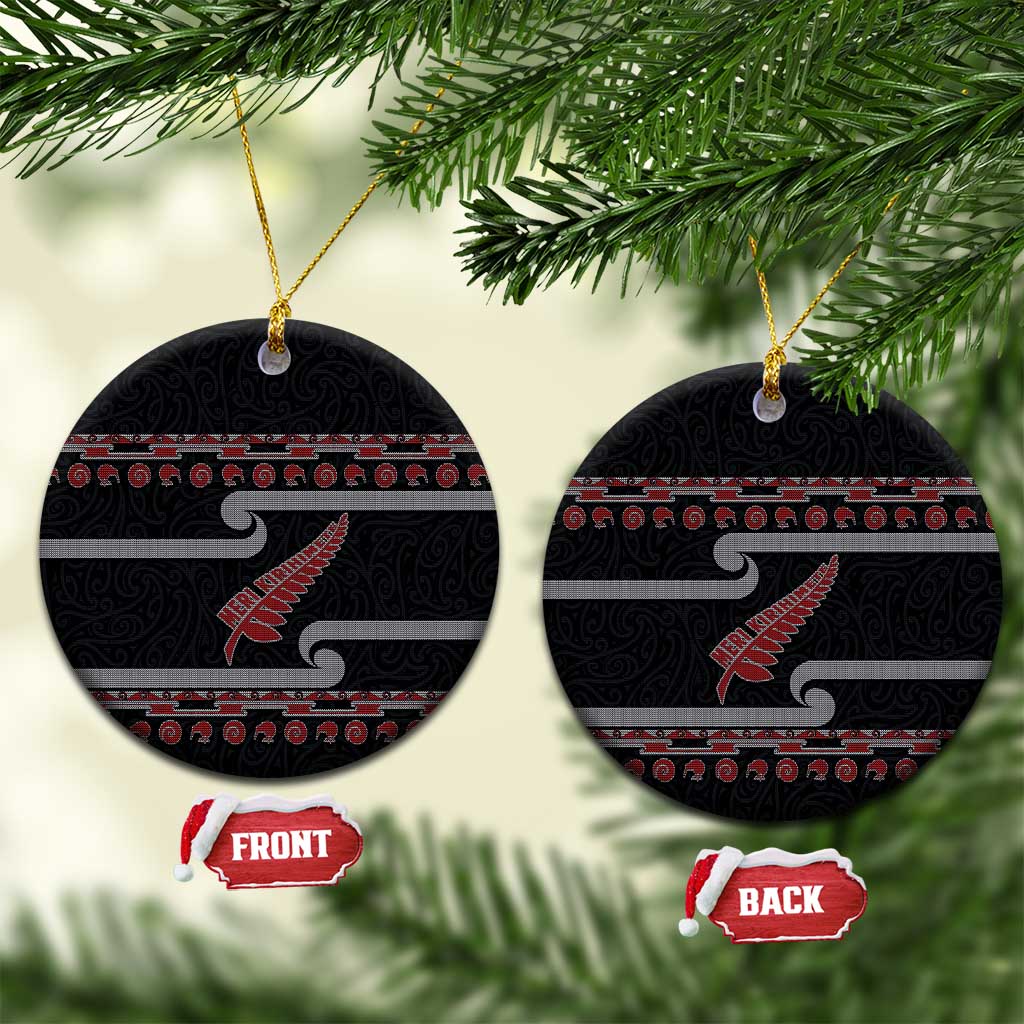 New Zealand Christmas Ceramic Ornament Meri Kirihimete Silver Fern Knit Style Red Color LT03 Circle Red - Polynesian Pride