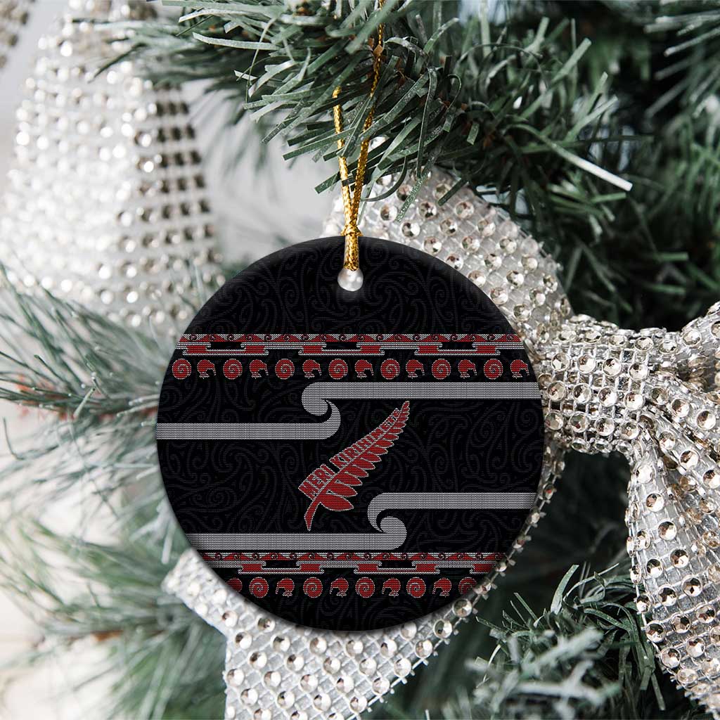 New Zealand Christmas Ceramic Ornament Meri Kirihimete Silver Fern Knit Style Red Color LT03 - Polynesian Pride