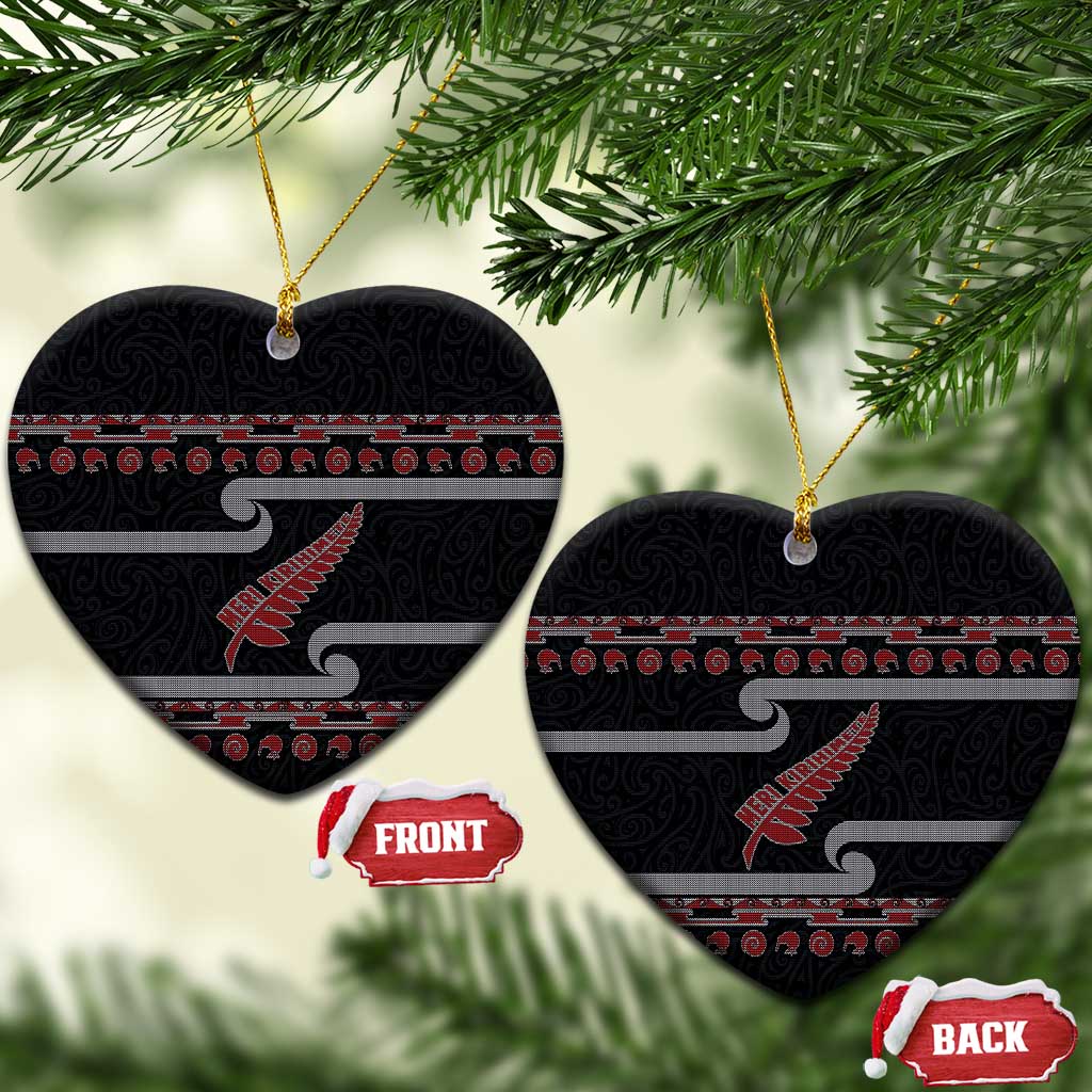 New Zealand Christmas Ceramic Ornament Meri Kirihimete Silver Fern Knit Style Red Color LT03 Heart Red - Polynesian Pride