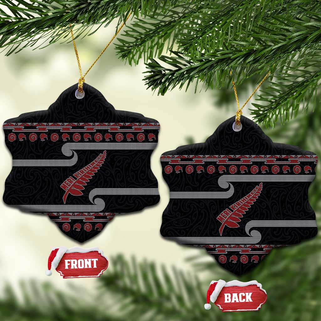 New Zealand Christmas Ceramic Ornament Meri Kirihimete Silver Fern Knit Style Red Color LT03 Snow Flake Red - Polynesian Pride