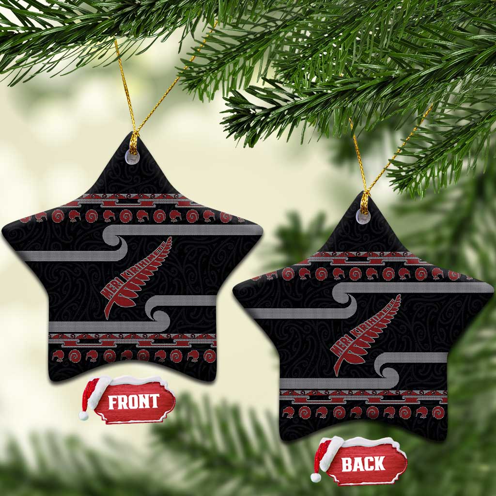 New Zealand Christmas Ceramic Ornament Meri Kirihimete Silver Fern Knit Style Red Color LT03 Star Red - Polynesian Pride