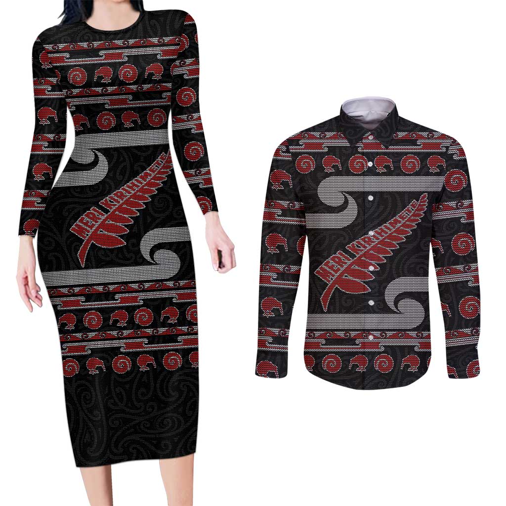 New Zealand Christmas Couples Matching Long Sleeve Bodycon Dress and Long Sleeve Button Shirt Meri Kirihimete Silver Fern Knit Style Red Color - Polynesian Pride