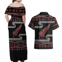 New Zealand Christmas Couples Matching Off Shoulder Maxi Dress and Hawaiian Shirt Meri Kirihimete Silver Fern Knit Style Red Color - Polynesian Pride