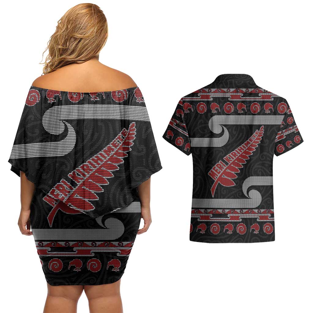 New Zealand Christmas Couples Matching Off Shoulder Short Dress and Hawaiian Shirt Meri Kirihimete Silver Fern Knit Style Red Color - Polynesian Pride
