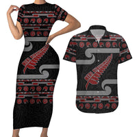 New Zealand Christmas Couples Matching Short Sleeve Bodycon Dress and Hawaiian Shirt Meri Kirihimete Silver Fern Knit Style Red Color - Polynesian Pride