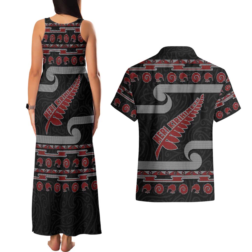 New Zealand Christmas Couples Matching Tank Maxi Dress and Hawaiian Shirt Meri Kirihimete Silver Fern Knit Style Red Color - Polynesian Pride