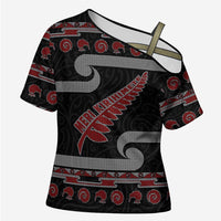 New Zealand Christmas Cross Shoulder Shirt Meri Kirihimete Silver Fern Knit Style Red Color - Polynesian Pride