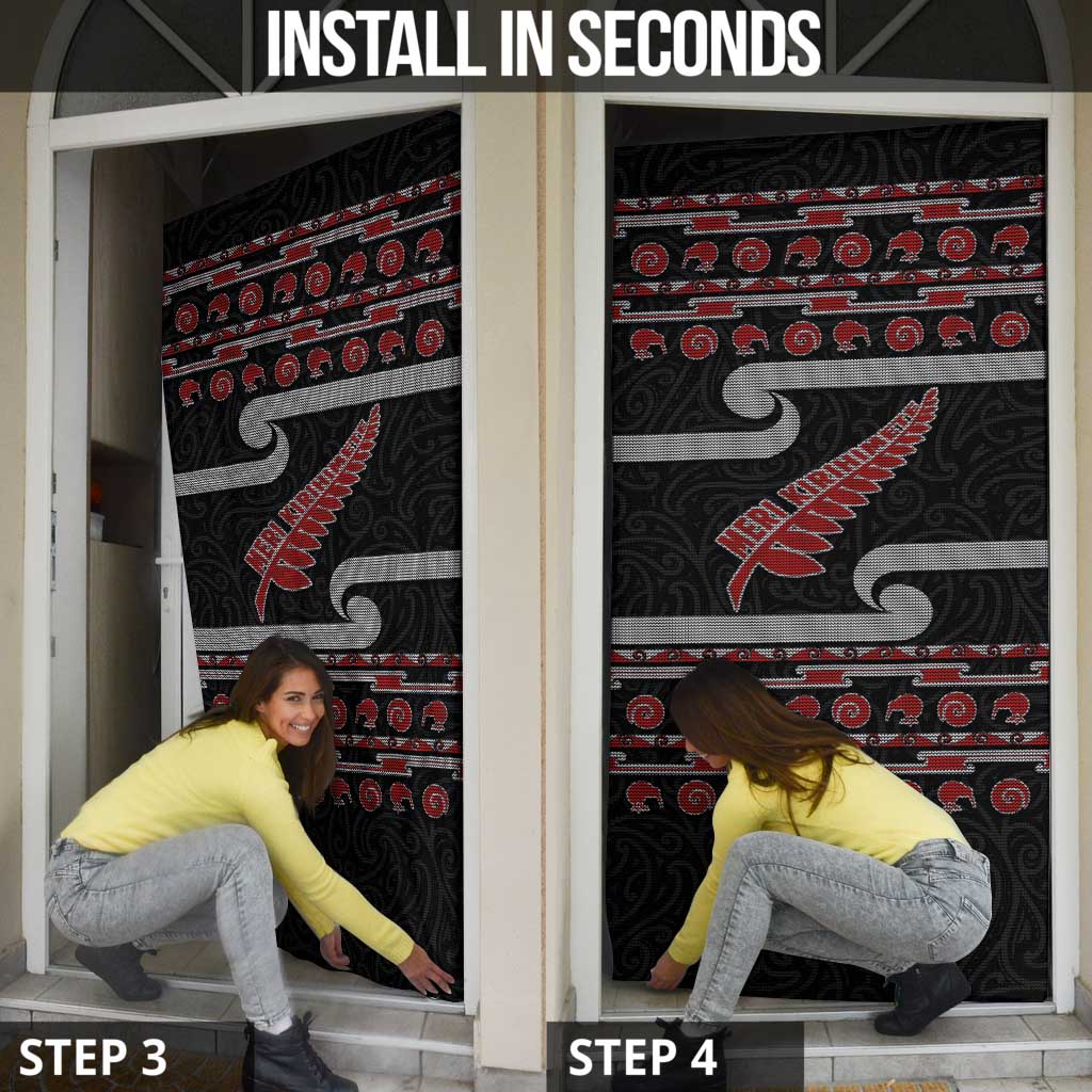 New Zealand Christmas Door Cover Meri Kirihimete Silver Fern Knit Style Red Color - Polynesian Pride