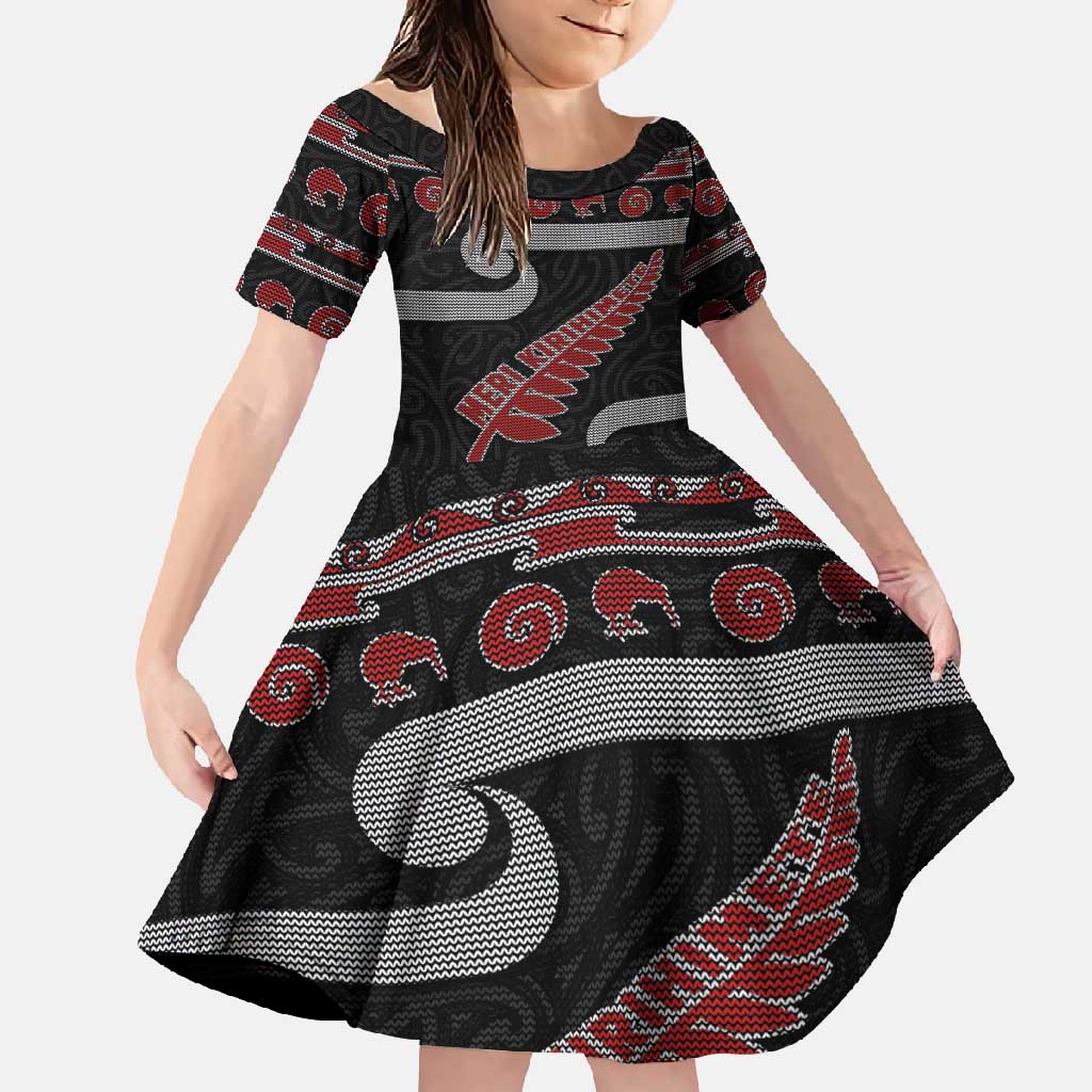 New Zealand Christmas Family Matching Long Sleeve Bodycon Dress and Hawaiian Shirt Meri Kirihimete Silver Fern Knit Style Red Color - Polynesian Pride