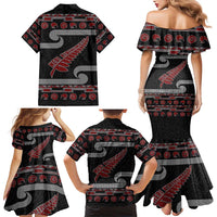 New Zealand Christmas Family Matching Mermaid Dress and Hawaiian Shirt Meri Kirihimete Silver Fern Knit Style Red Color - Polynesian Pride