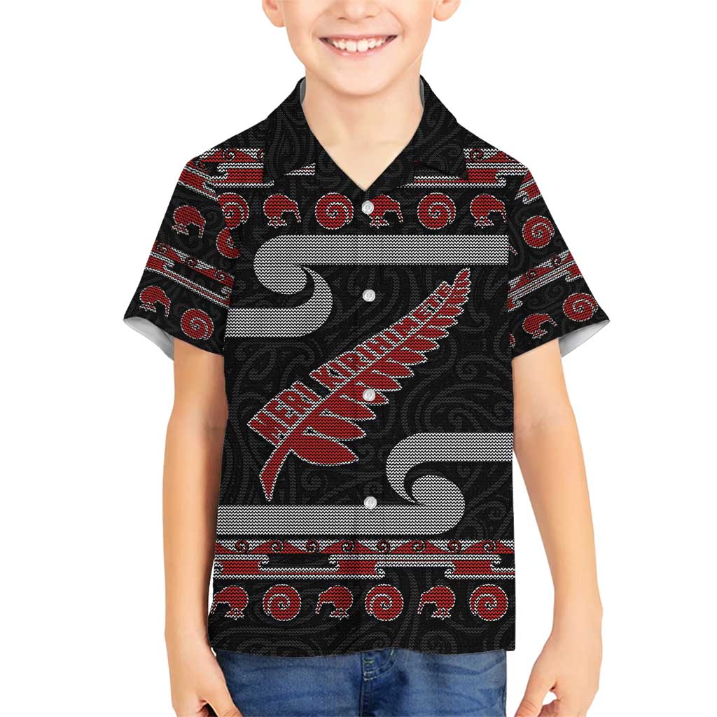 New Zealand Christmas Family Matching Off Shoulder Short Dress and Hawaiian Shirt Meri Kirihimete Silver Fern Knit Style Red Color - Polynesian Pride