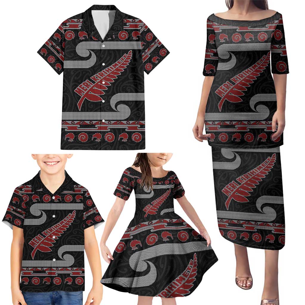 New Zealand Christmas Family Matching Puletasi and Hawaiian Shirt Meri Kirihimete Silver Fern Knit Style Red Color - Polynesian Pride