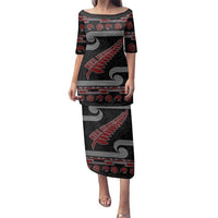 New Zealand Christmas Family Matching Puletasi and Hawaiian Shirt Meri Kirihimete Silver Fern Knit Style Red Color - Polynesian Pride