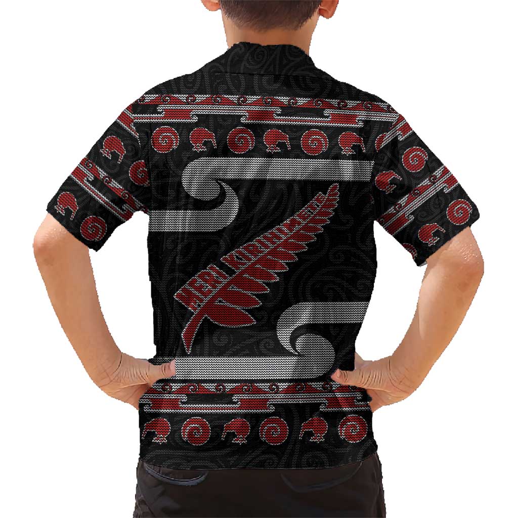 New Zealand Christmas Family Matching Short Sleeve Bodycon Dress and Hawaiian Shirt Meri Kirihimete Silver Fern Knit Style Red Color - Polynesian Pride