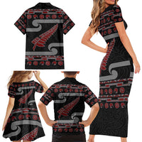New Zealand Christmas Family Matching Short Sleeve Bodycon Dress and Hawaiian Shirt Meri Kirihimete Silver Fern Knit Style Red Color - Polynesian Pride